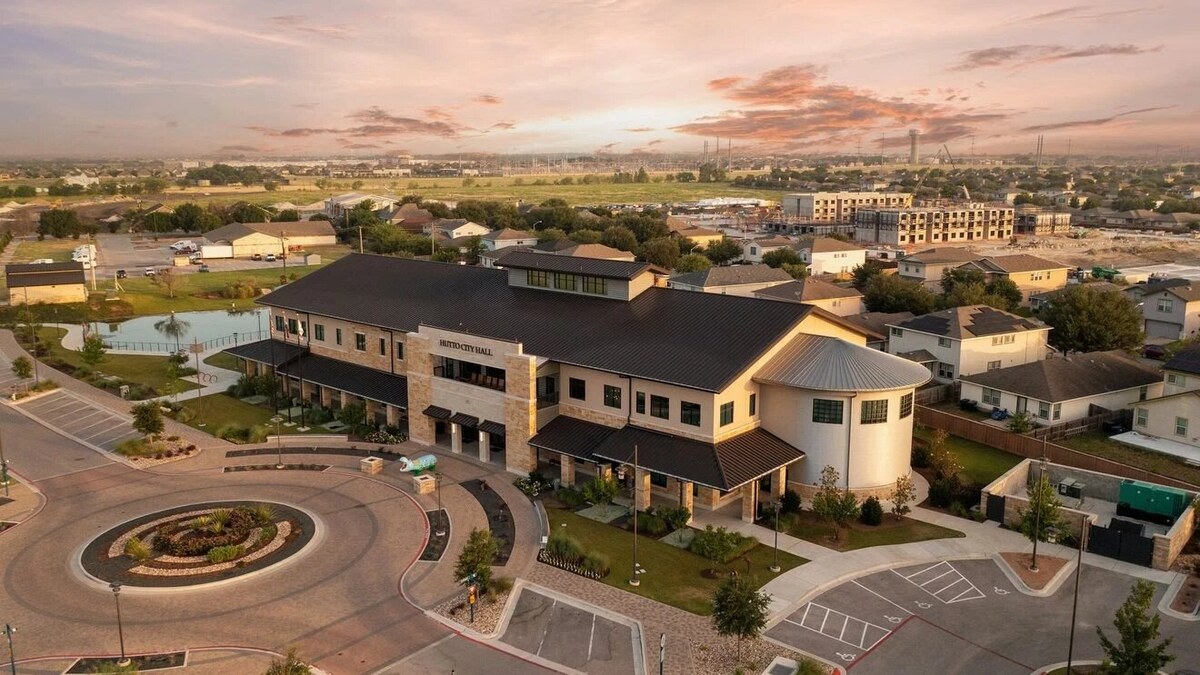 Hutto City Hall aerial at sunset